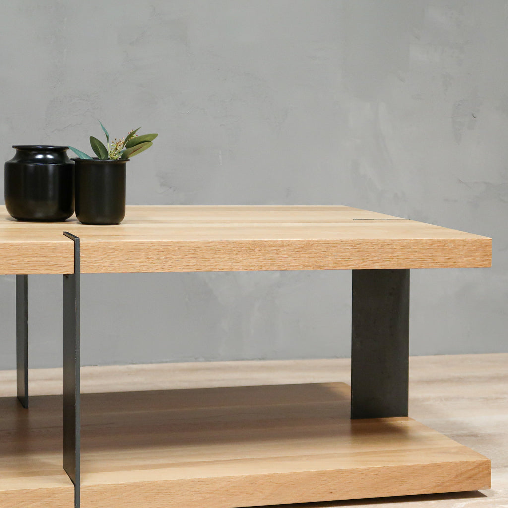 Contemporary 2-Level Rectangular White Oak Wood Coffee Table With Grey Metal Legs