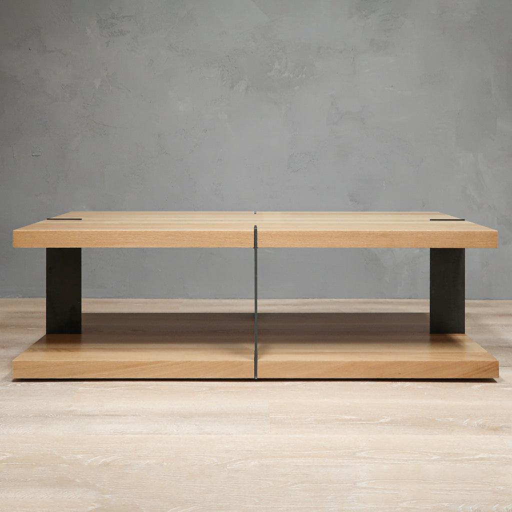 2-Level Rectangular Wood White Oak Coffee Table With Grey Metal Legs