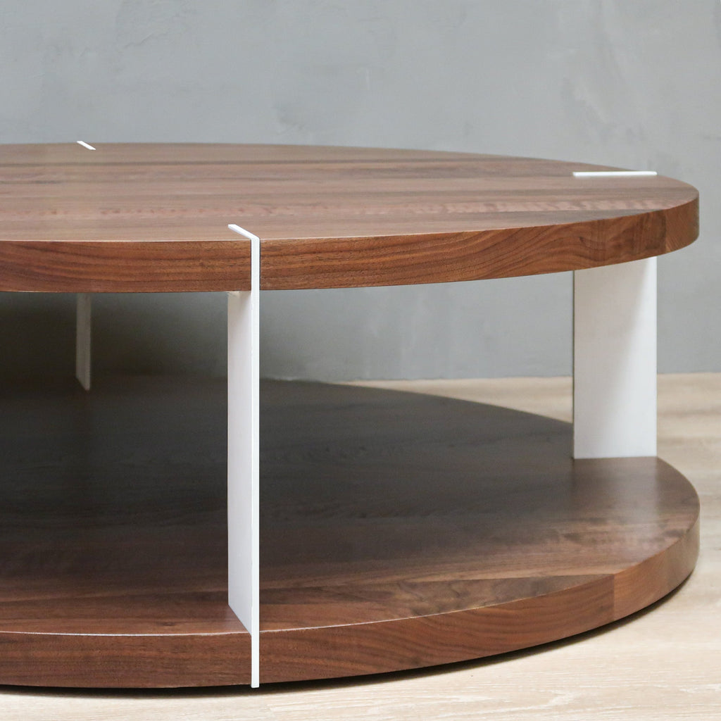 walnut round coffee table with steel base