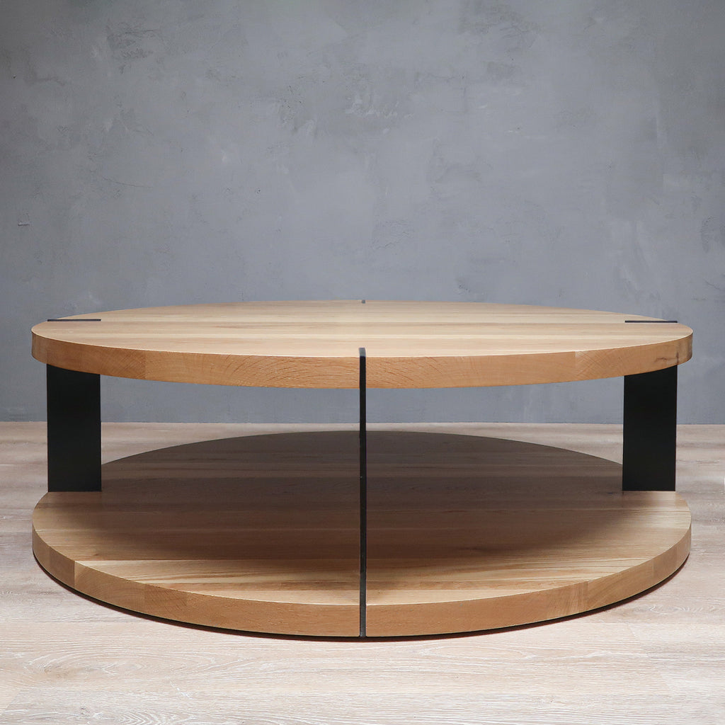2-Level Round White Oak Wood Coffee Table with Black Metal Accent