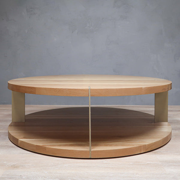 2-Level Round White Oak Wood Coffee Table with Gold Metal Accent