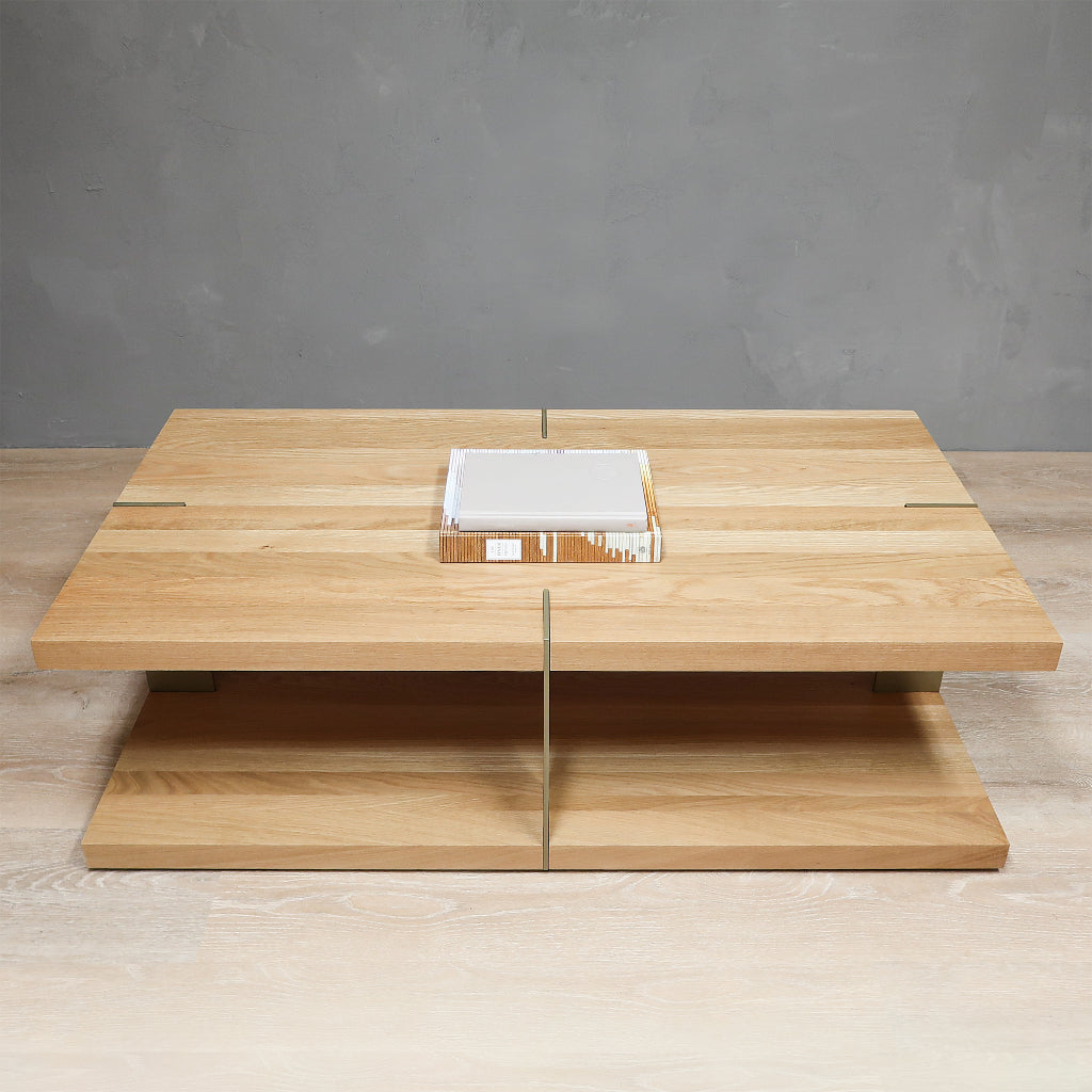 Large 2-Level Rectangular White Oak Wood Coffee Table With Gold Metal Legs