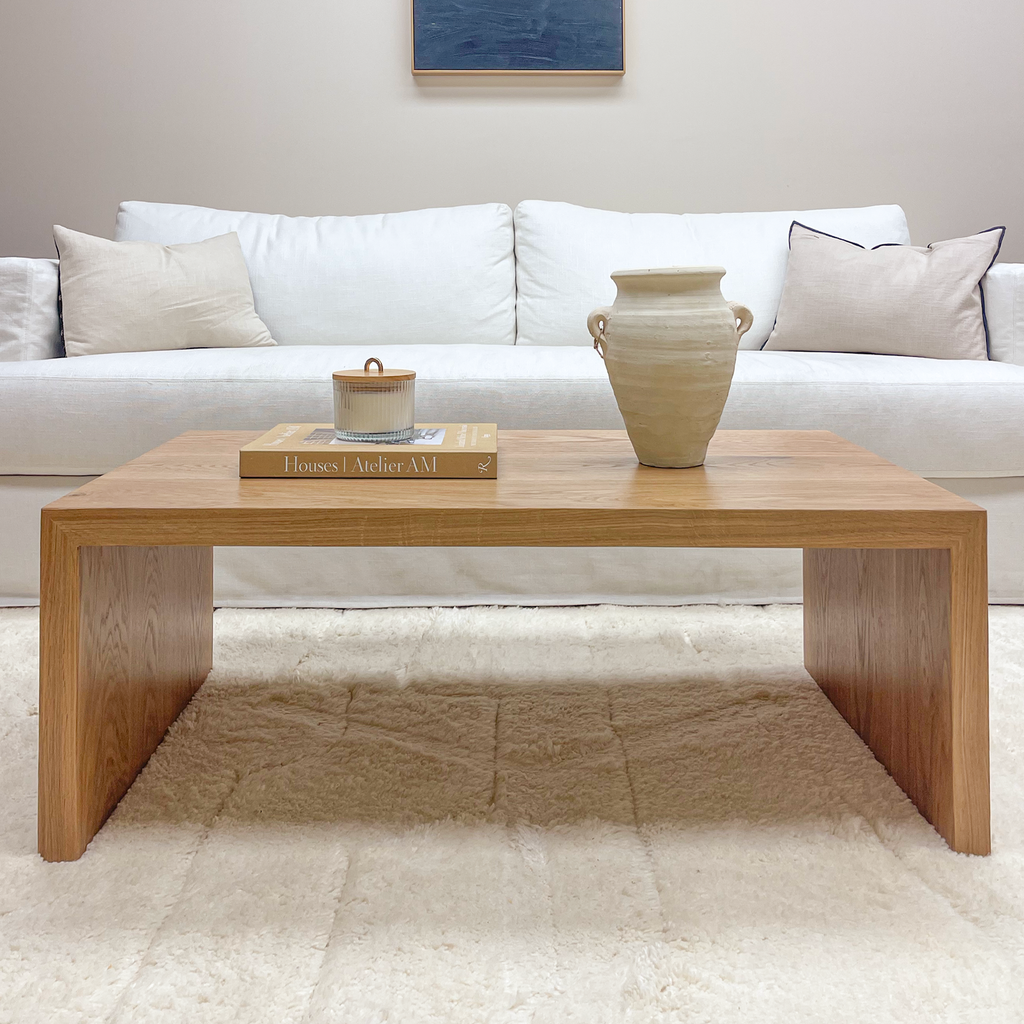 White Oak Wood Waterfall Coffee Table near Sofa in Living Room