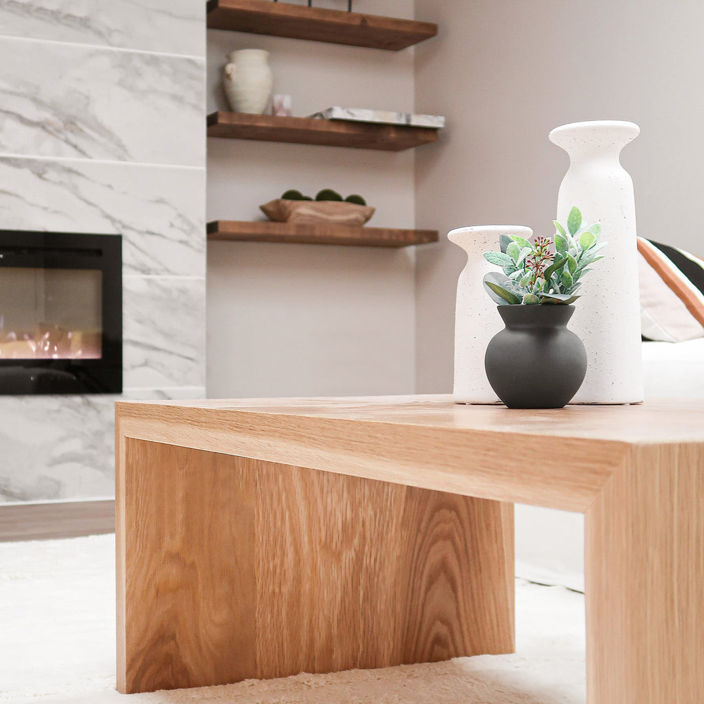 White Oak Wood Waterfall Coffee Table near Fireplace in Living Room