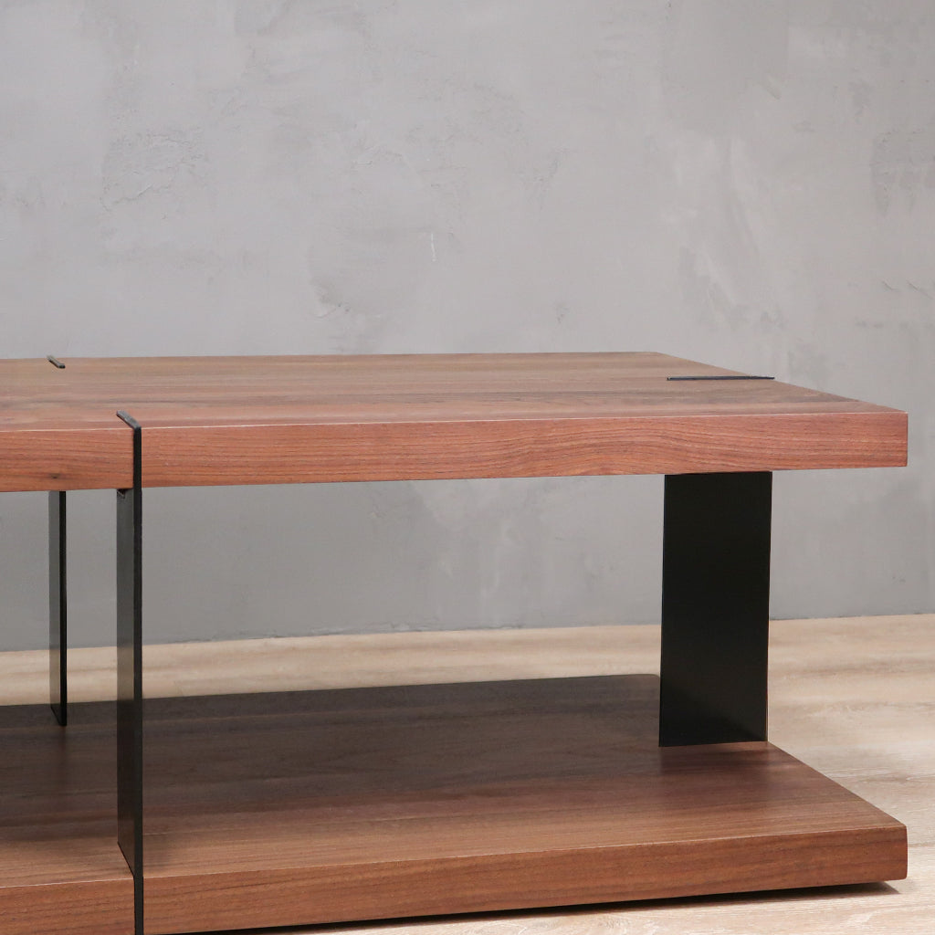 Modern 2-level Rectangular Wood Walnut Coffee Table with Black metal legs