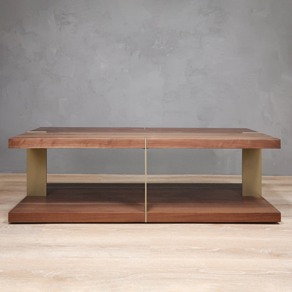 2-Level Rectangular Wood Walnut Coffee Table With Gold Metal Legs