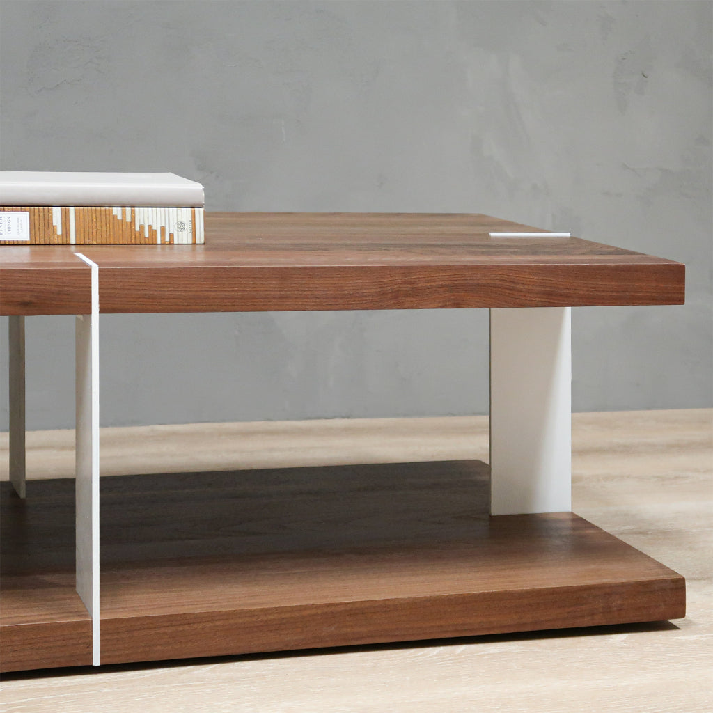 Modern 2-level Rectangular Wood Walnut Coffee Table with White metal legs