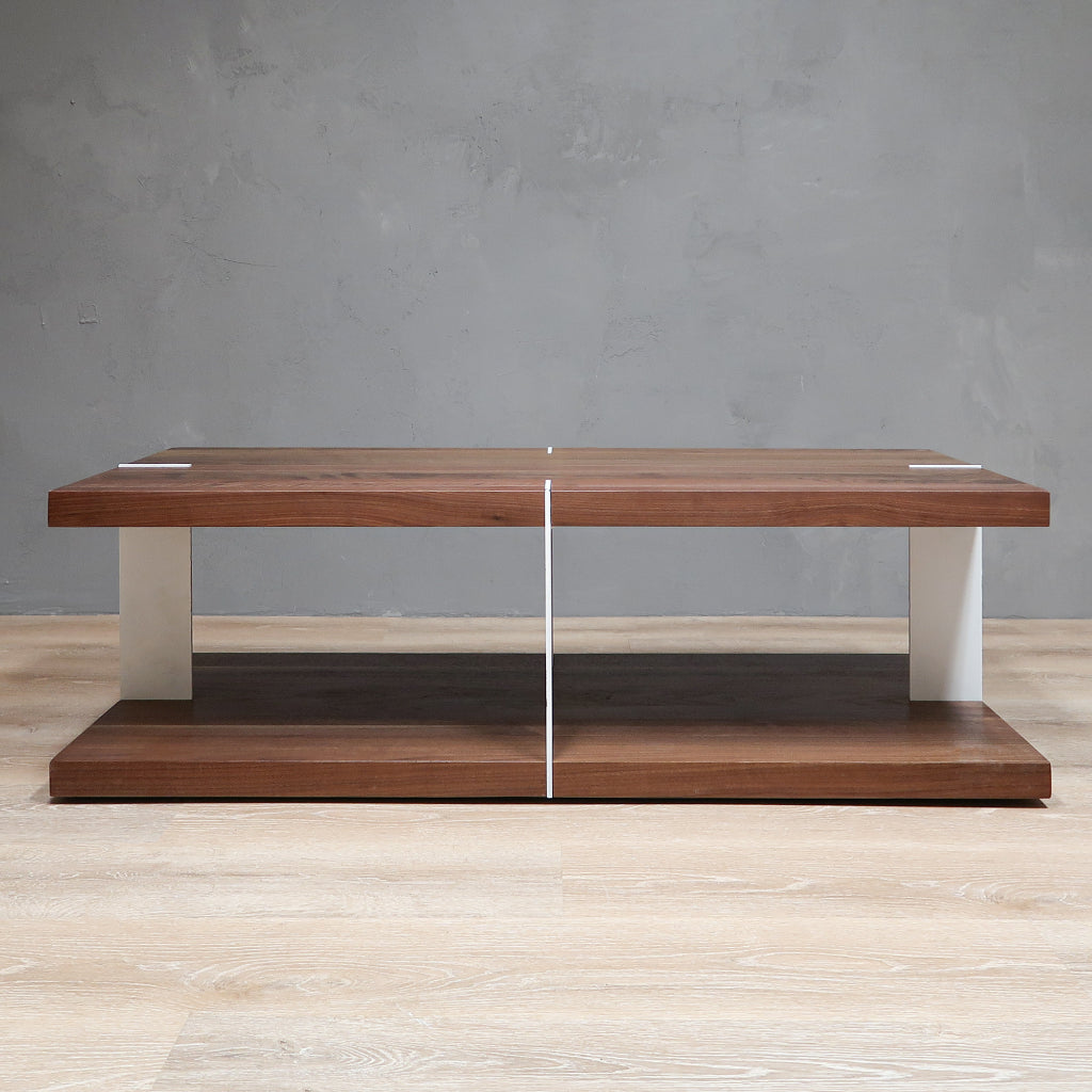 2-Level Rectangular Wood Walnut Coffee Table With White Metal Legs