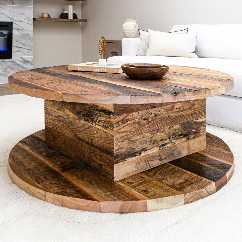 Modern 2-Level Round Reclaimed Wood Coffee Table With Square Base in Living Room