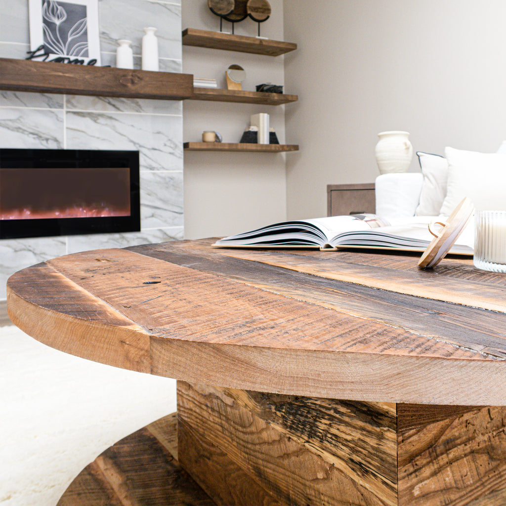 2-Level Round Reclaimed Wood Coffee Table With Square Base in Living Room