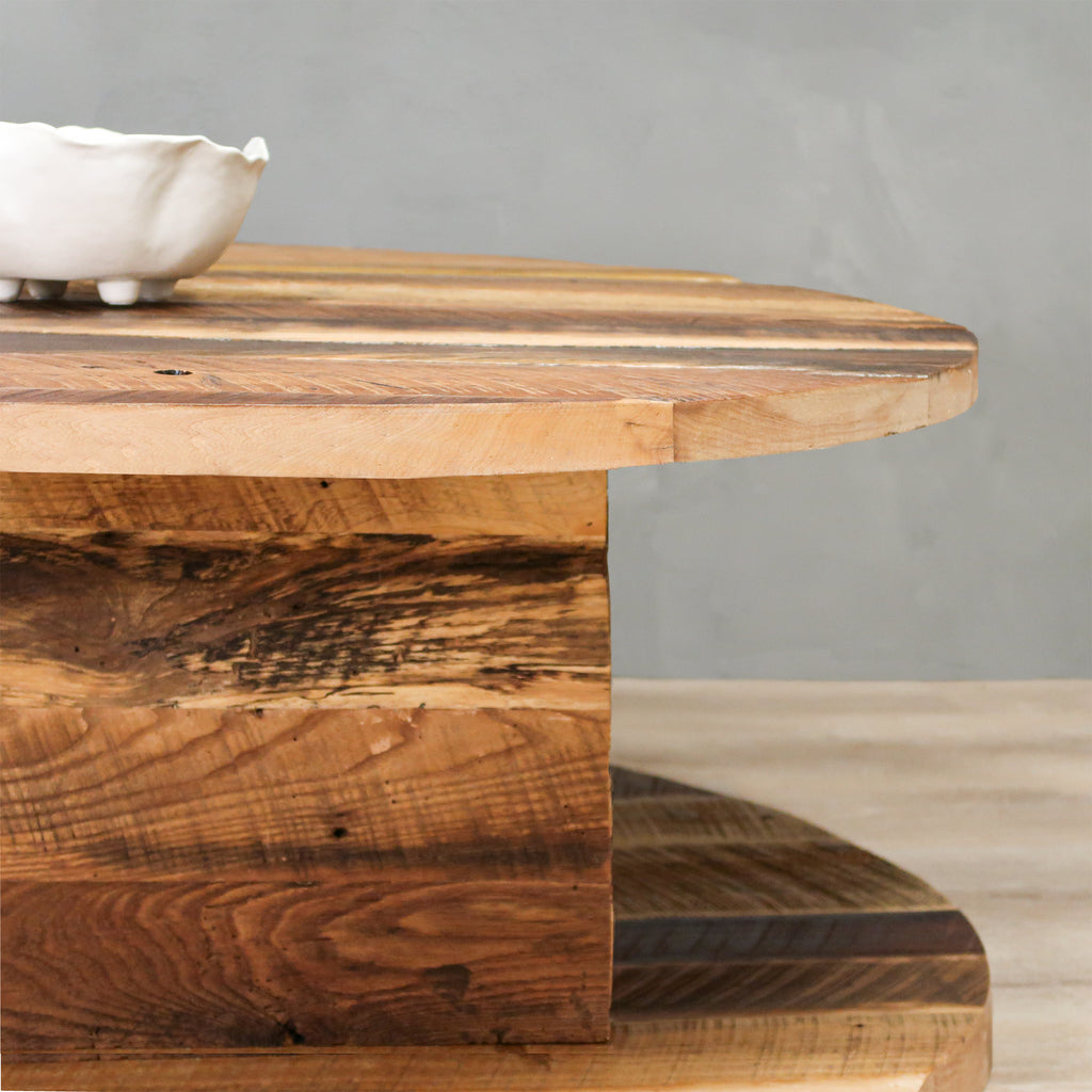 2-Level Round Reclaimed Wood Coffee Table With Square Base