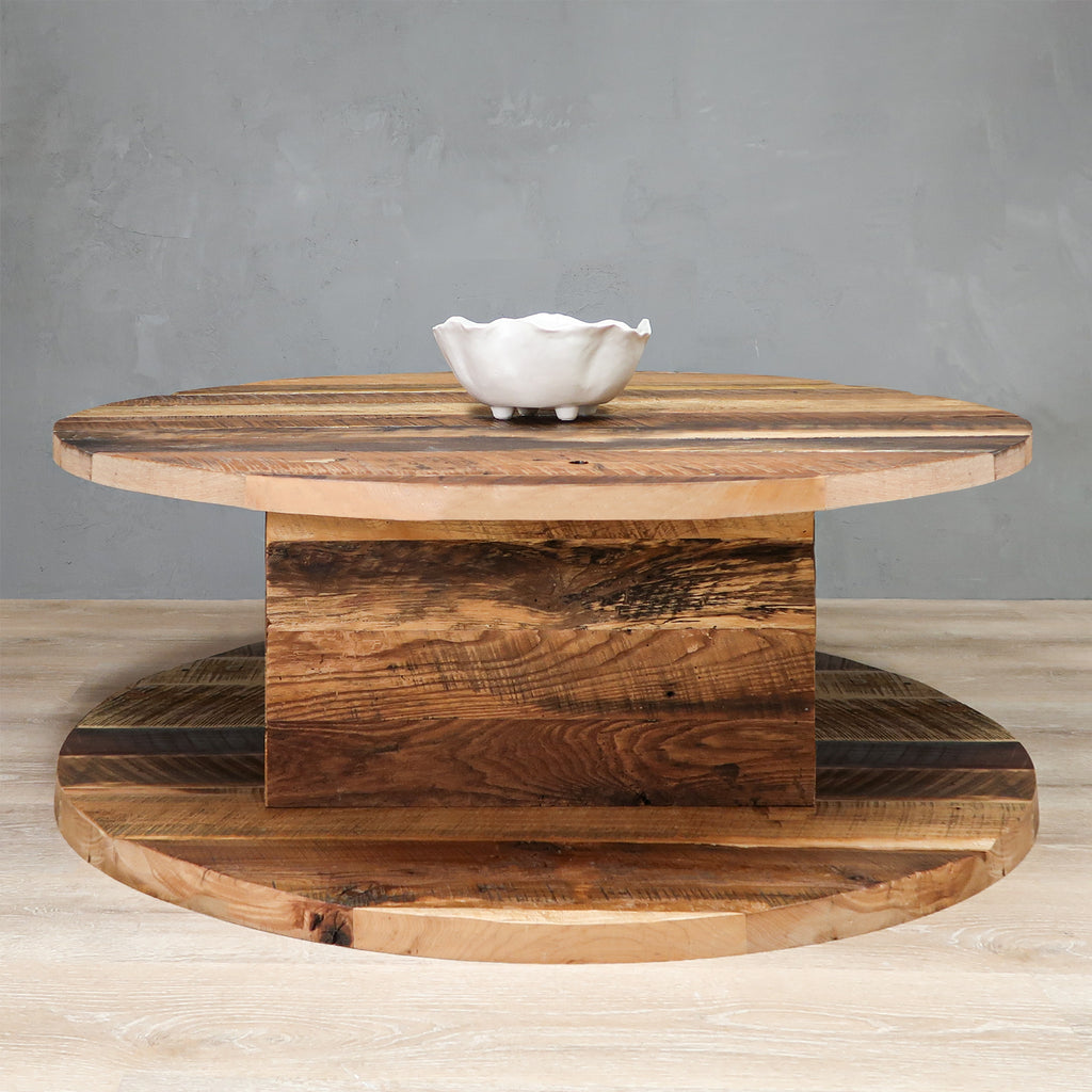 Modern 2-Level Round Reclaimed Wood Coffee Table With Square Base