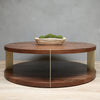 2-Level Round Walnut Wood Coffee Table With Gold Metal Accent