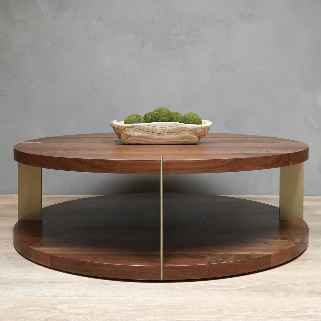 2-Level Round Walnut Wood Coffee Table With Gold Metal Accent