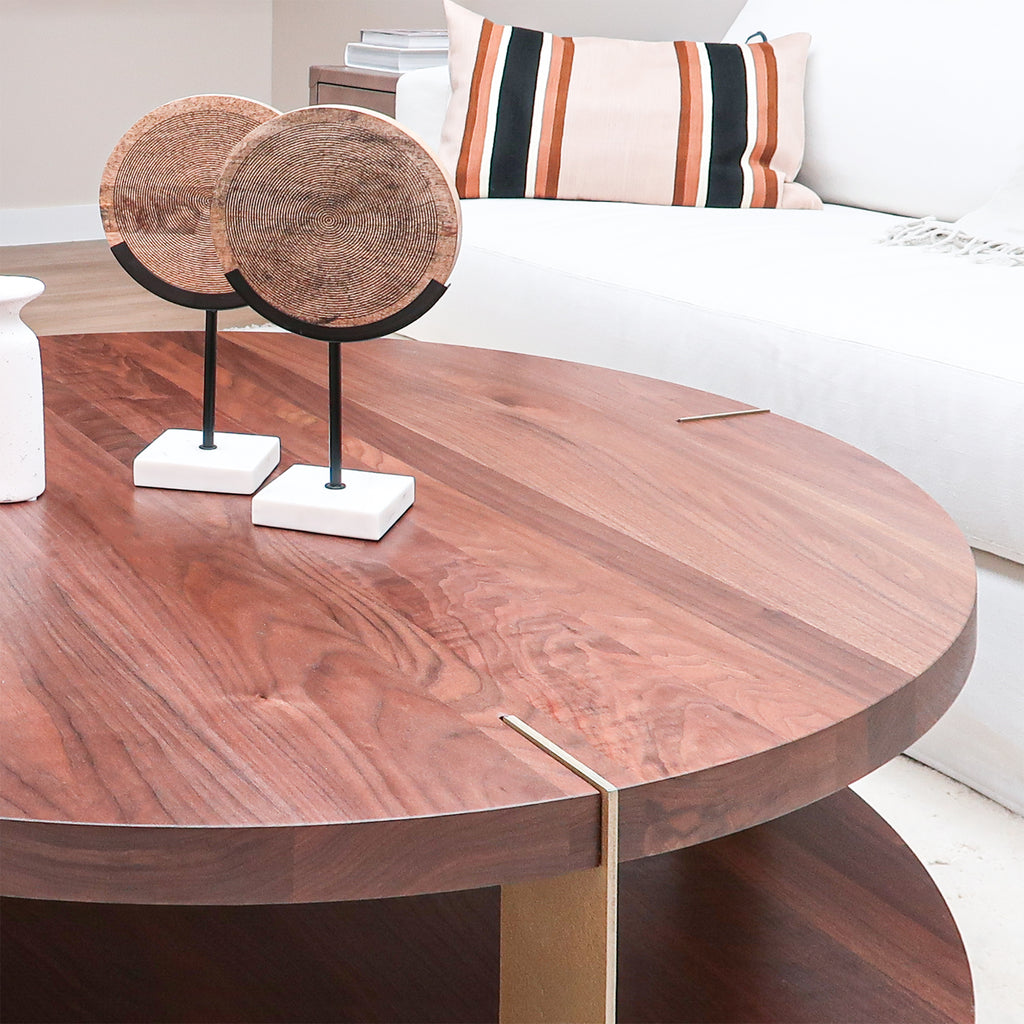 2-Level Round Walnut Wood Coffee Table With Gold Metal Accent in Living Room