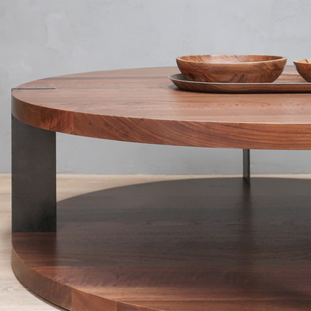 Modern 2-Level Round Walnut Wood Coffee Table With Grey Metal Accent