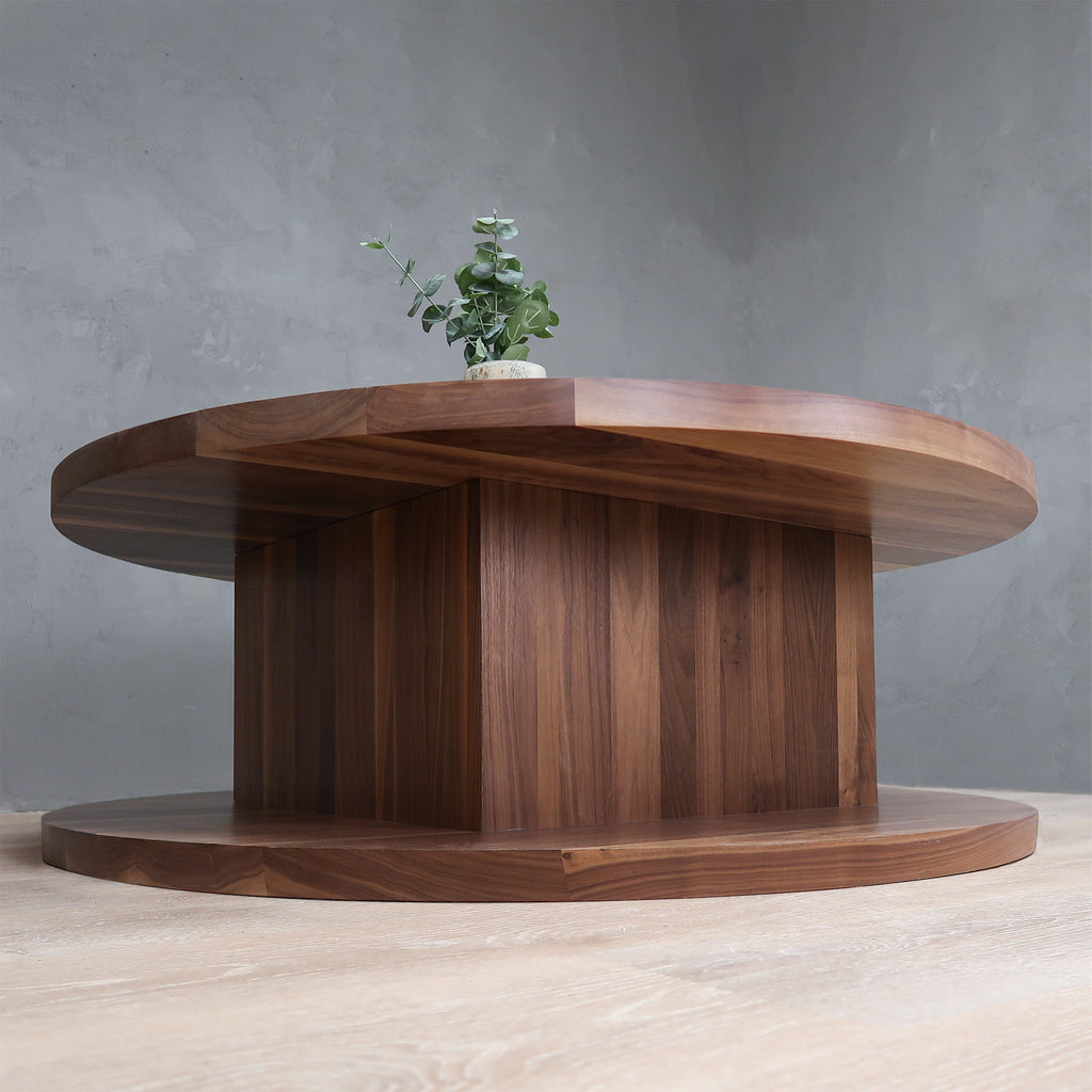 Modern 2-Level Round Walnut Wood Coffee Table with Square Base
