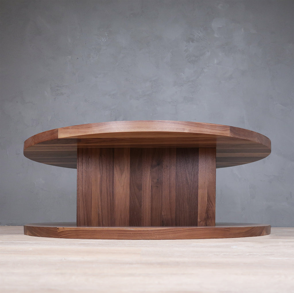 Contemporary 2-Level Round Walnut Wood Coffee Table with Square Base