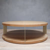 2-Level Round White Oak Wood Coffee Table with Gold Metal Accent