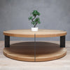 Modern 2-Level Round White Oak Wood Coffee Table with Grey Metal Accent