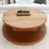 2-Level Round White Oak Wood Coffee Table with Square Base in Living Room