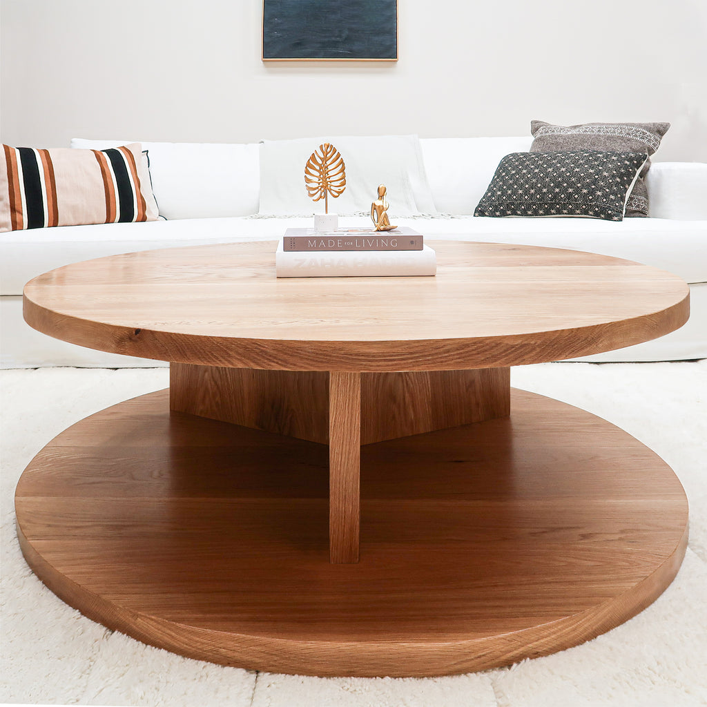 2-Level Round White Oak Coffee Table with Y Base in Living Room