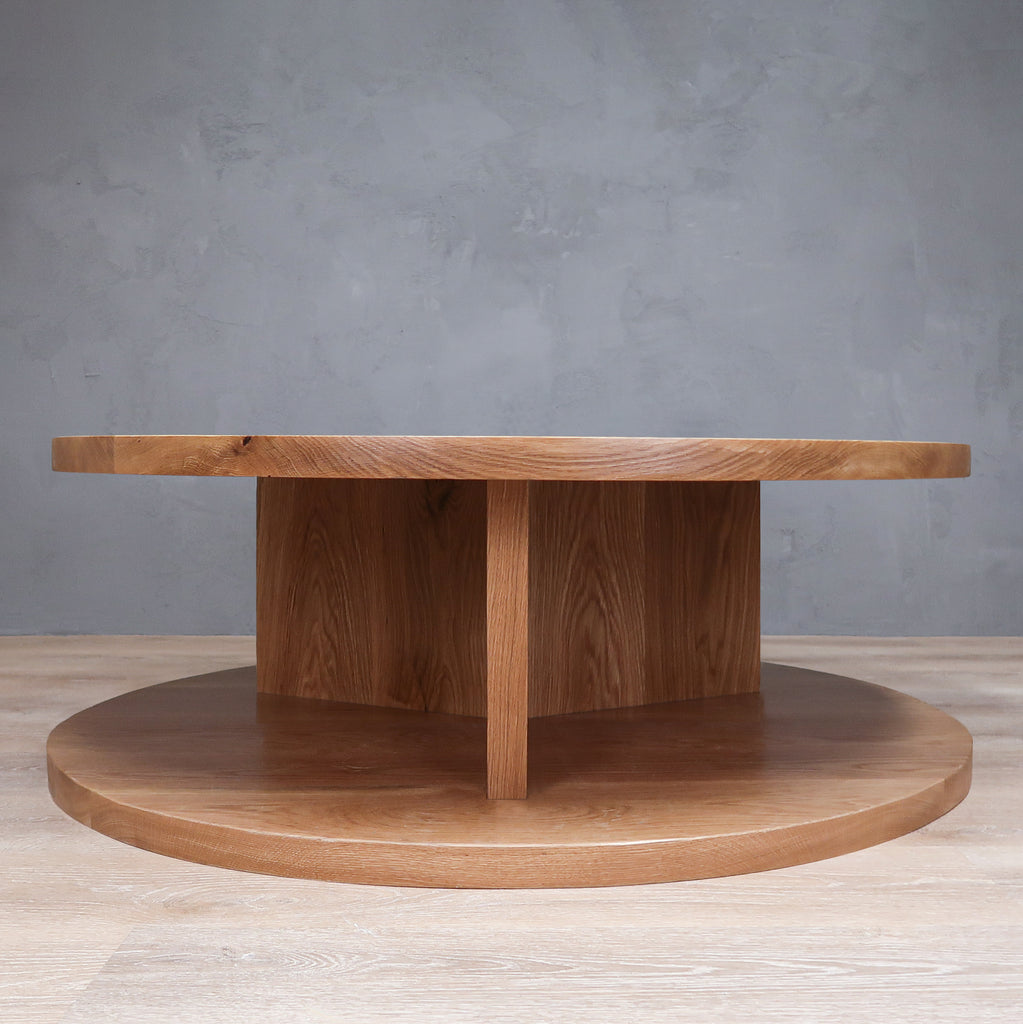 Contemporary 2-Level Round White Oak Coffee Table with Y Base