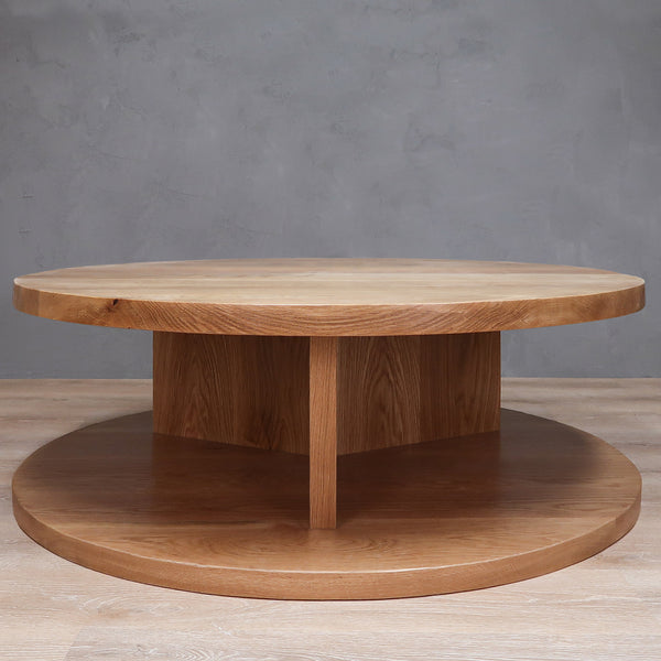 2-Level Round White Oak Wood Coffee Table with Y Base