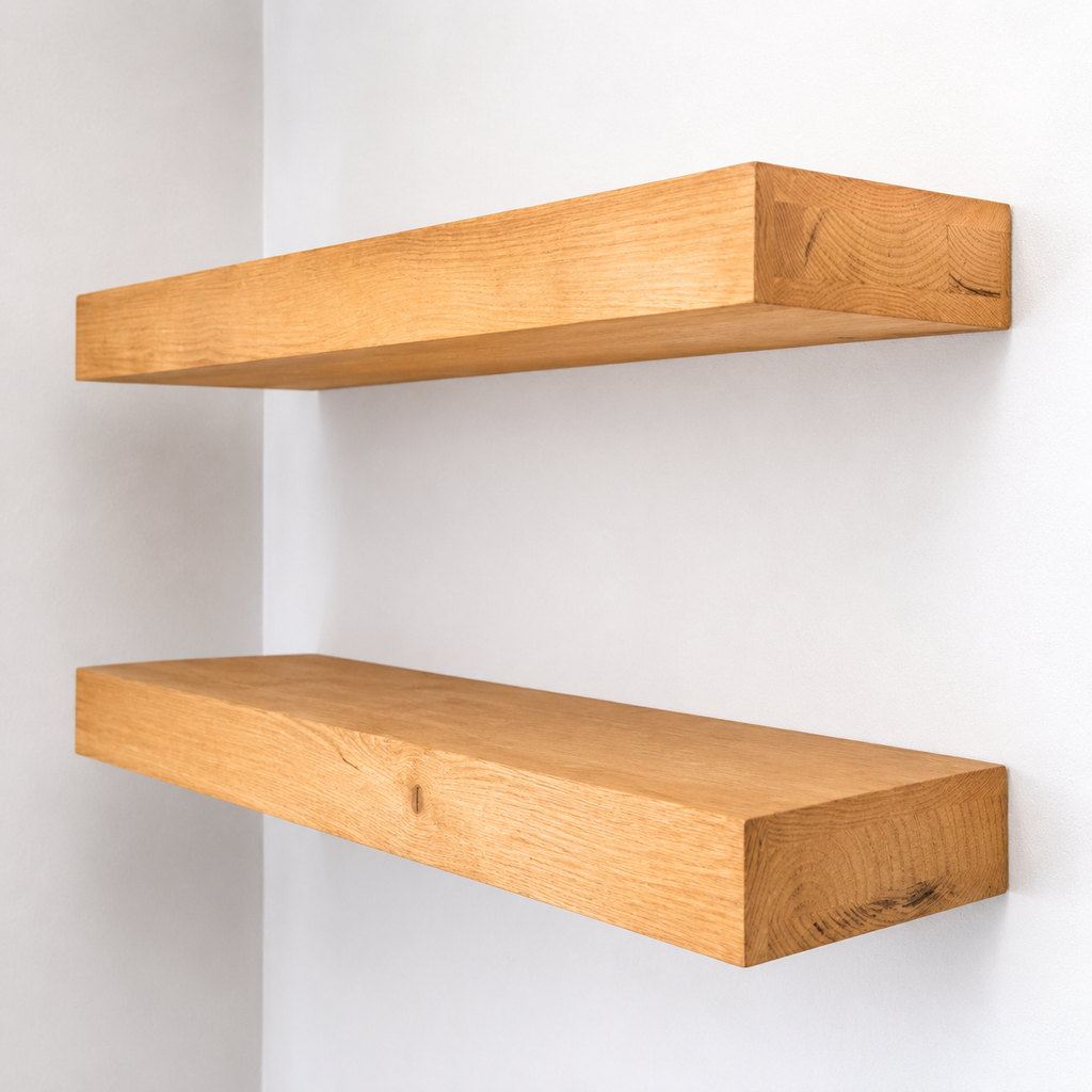Two wooden shelves on a white wall