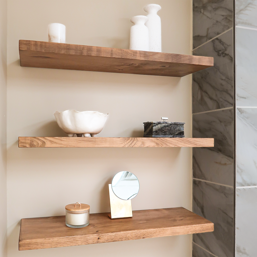 Idea for Rustic Wood Floating Shelves in Aged Oak Color in Living Room