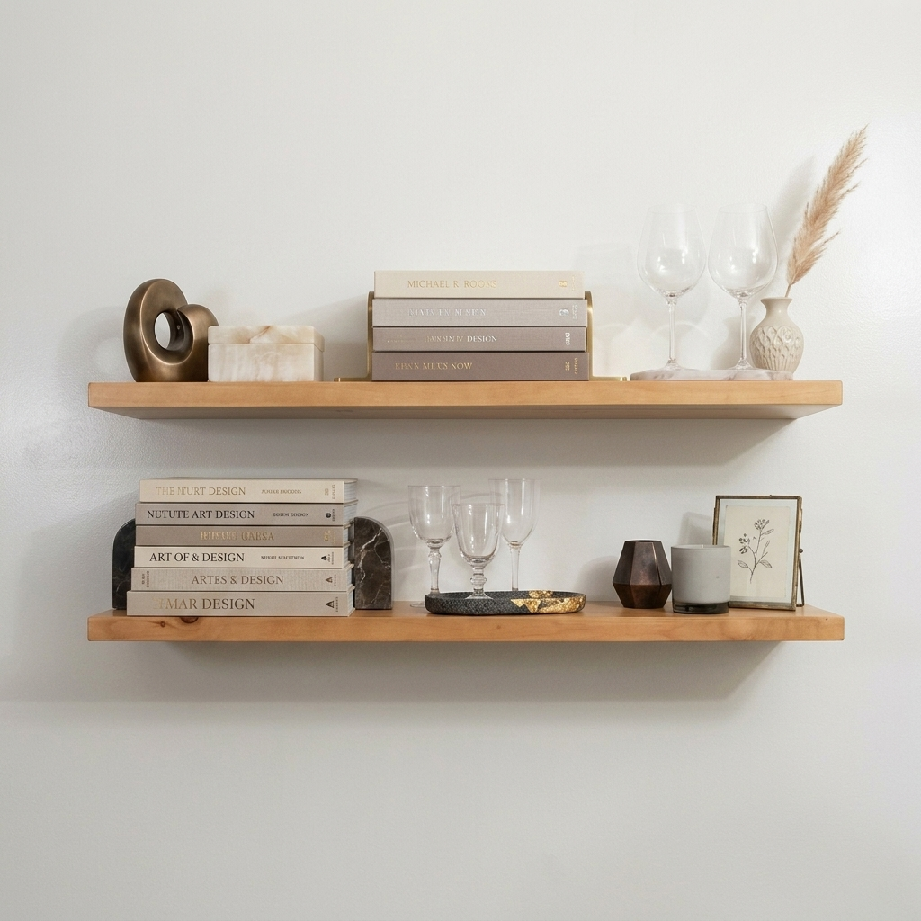 Wooden shelves with books, decorative items, and glasses against a white wall