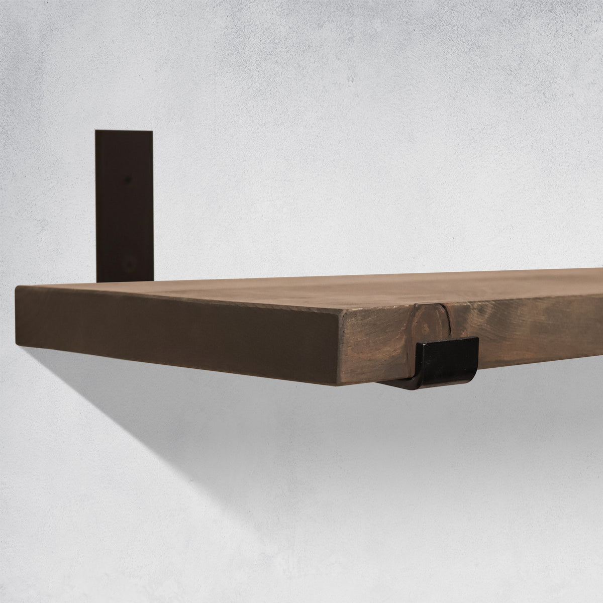 Rustic Wood Shelves with J Brackets in Aged Barrel Color in Kitchen