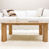 Rustic Wood Coffee Table with Post Legs in Aged Oak Color Style in Living Room