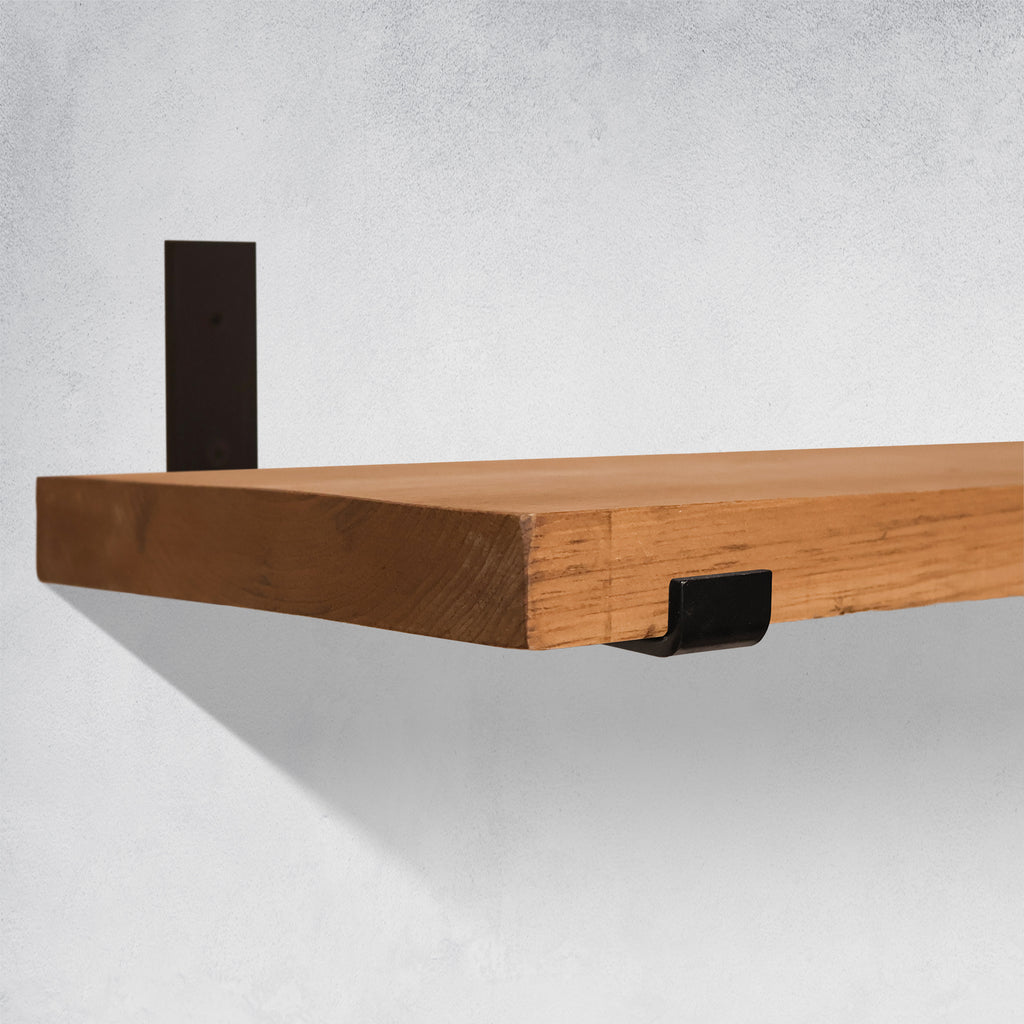 Rustic Wood Shelves with J Brackets in Aged Oak Color in Kitchen