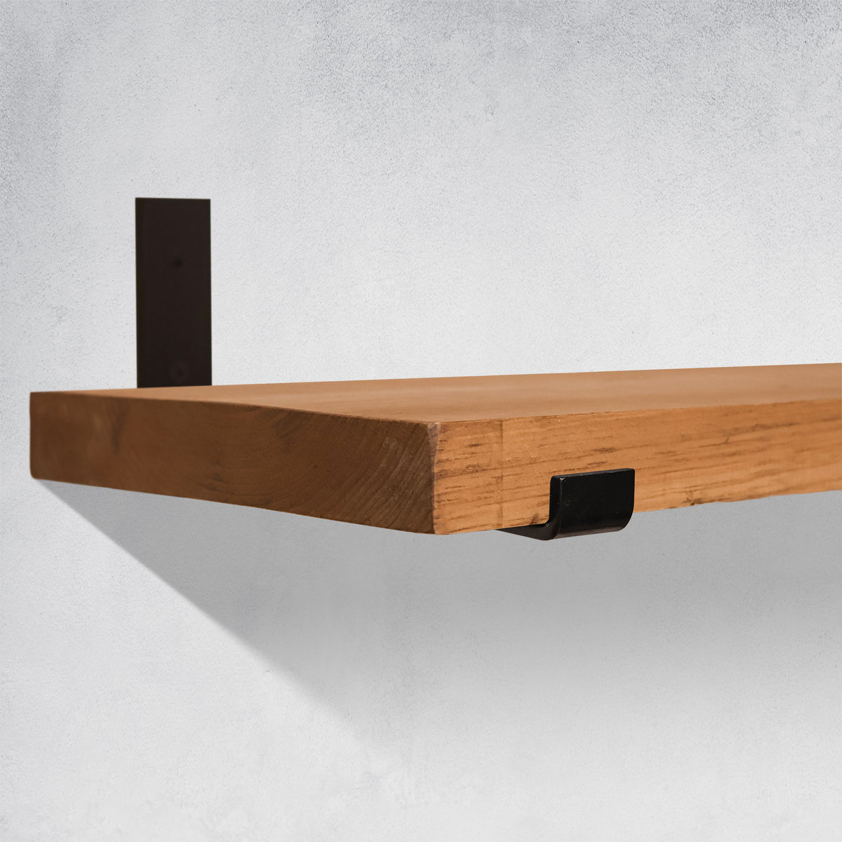 Rustic Wood Shelves with J Brackets in Aged Oak Color in Kitchen