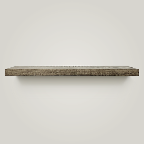 A clean and minimalist kitchen setup featuring a floating shelf made of solid ash hardwood, used to display kitchen essentials like glass jars and a vase with flowers. The shelf is mounted on a white tiled wall and appears sturdy and well-positioned.