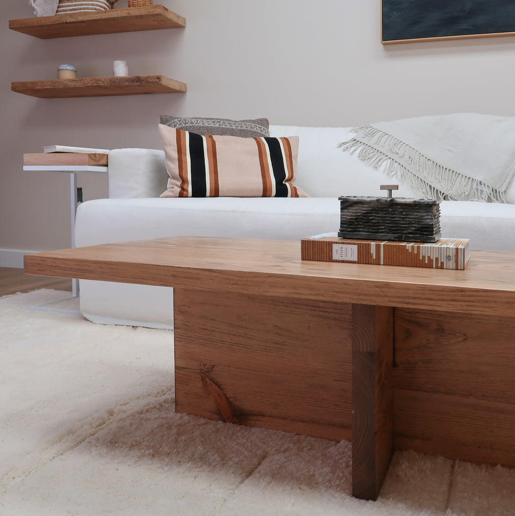 Modern Rustic Wood Cross Base Coffee Table in Aged Oak Color Style near Sofa