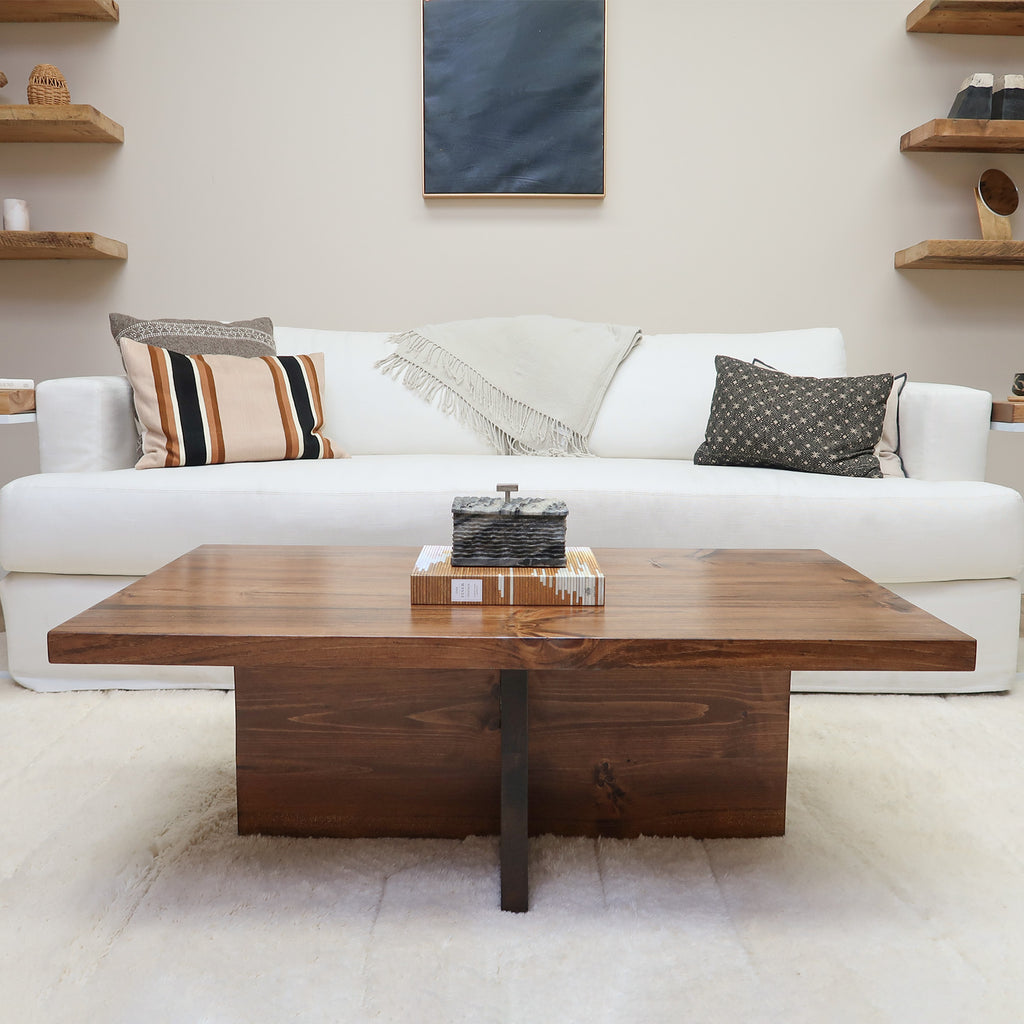 Modern Rustic Wood Cross Base Coffee Table in Provincial Color Style near Sofa in Living Room
