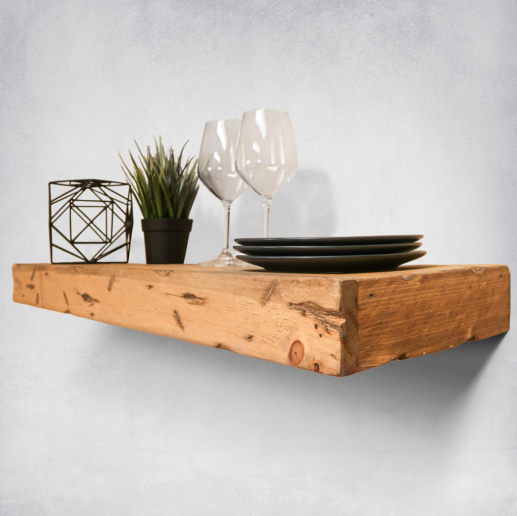 Modern Distressed Wood Thick Floating Shelves in Living Room