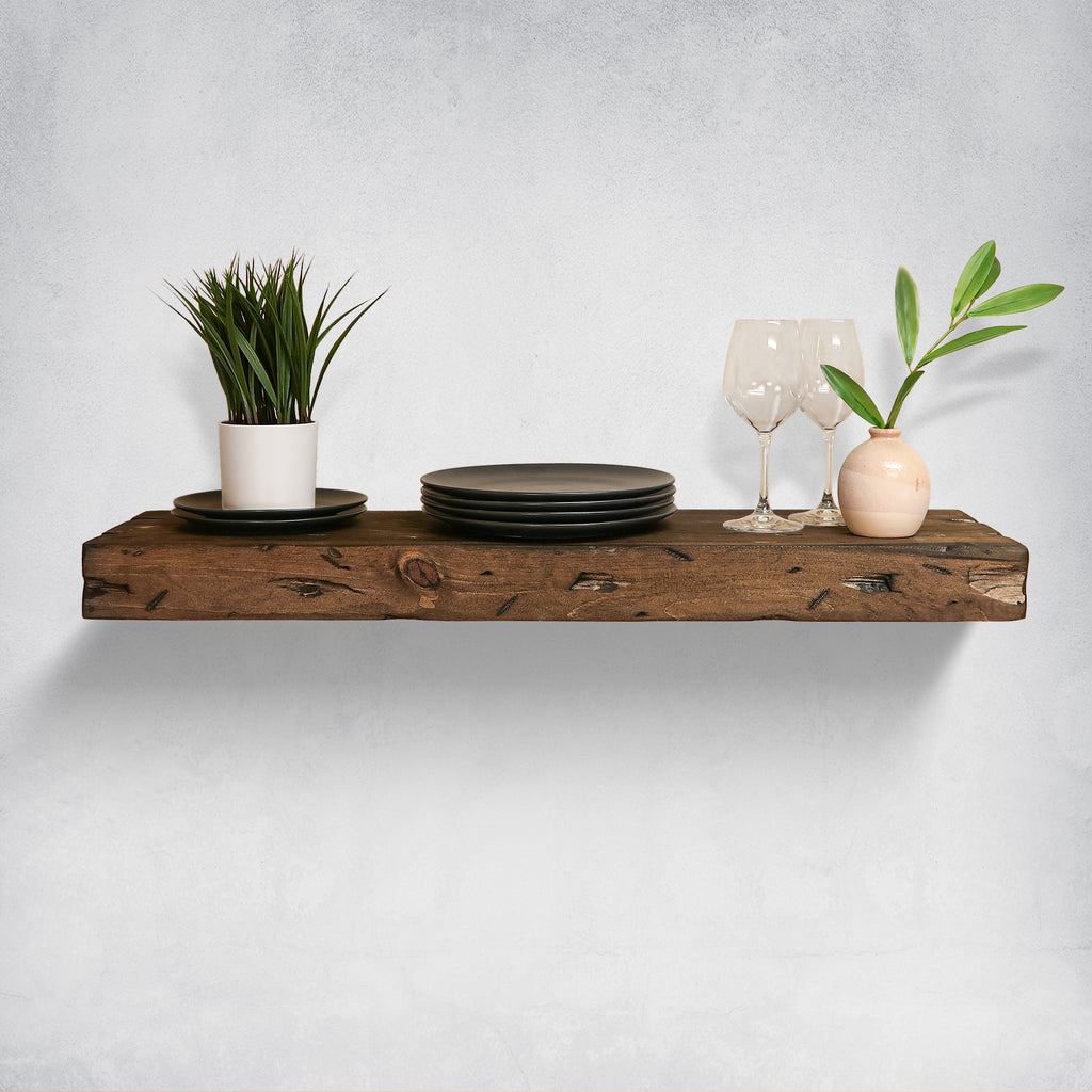 Modern Distressed Wood Thick Floating Shelves in Living Room