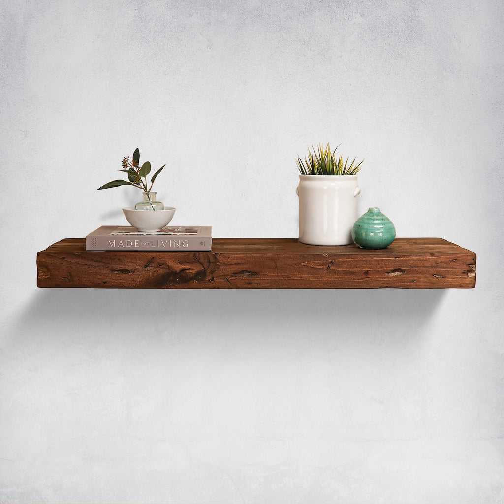 Modern Distressed Wood Thick Floating Shelves in Living Room