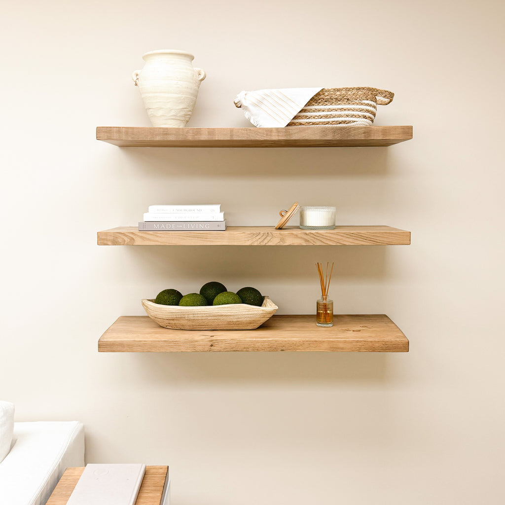 Rustic Wood Floating Shelves in Aged Oak Color in Kitchen