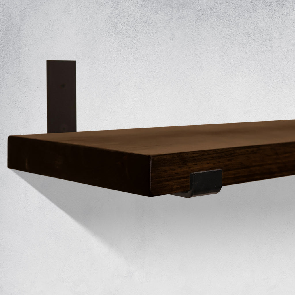 Rustic Wood Shelves with J Brackets in Jacobean Color in Kitchen