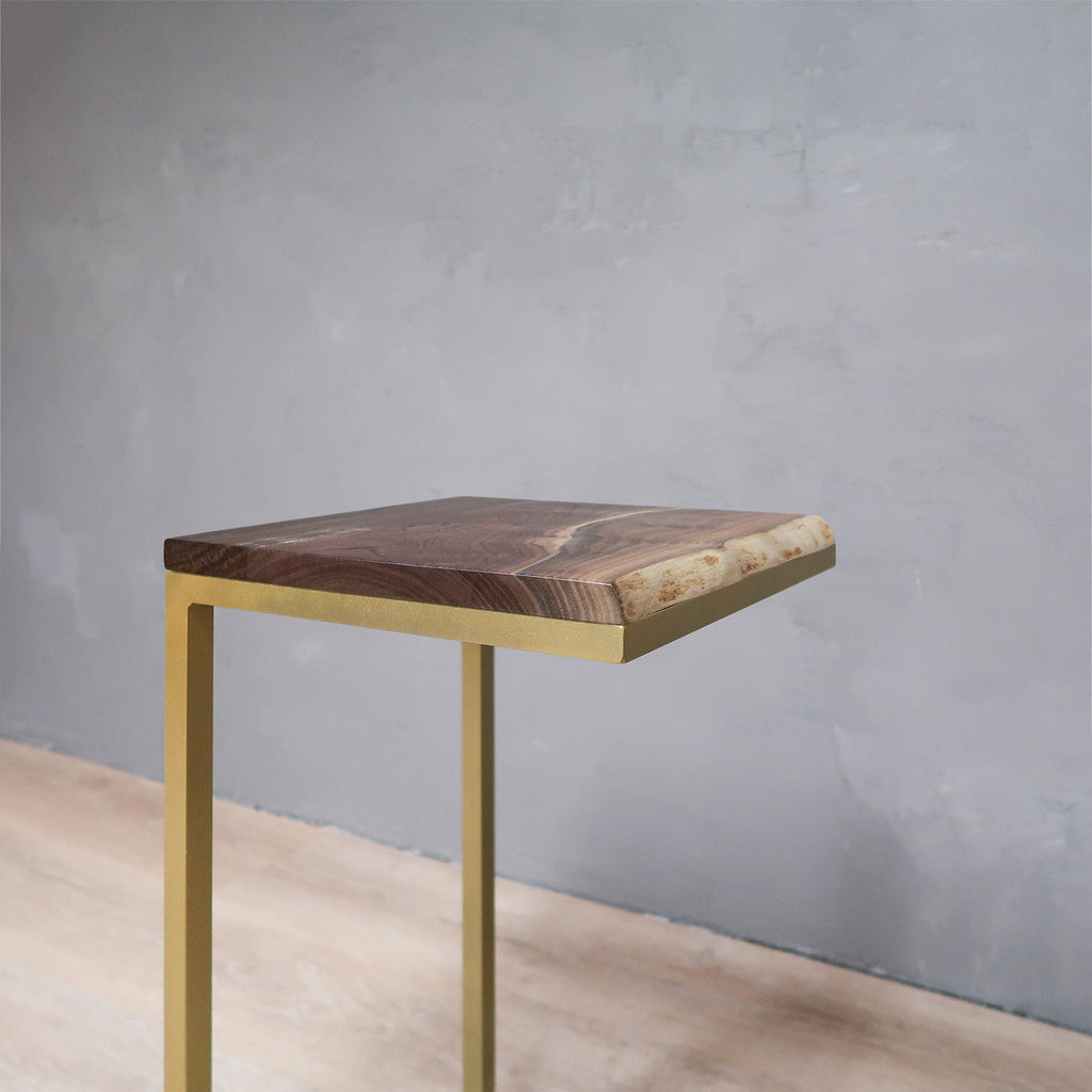 Live Edge Walnut Wood Side Table C Shape With Metal Gold Base