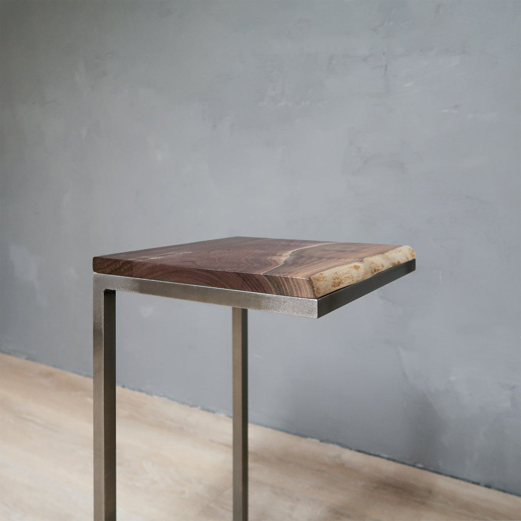 Modern Live Edge Walnut Wood Side Table C Shape With Metal Grey Base
