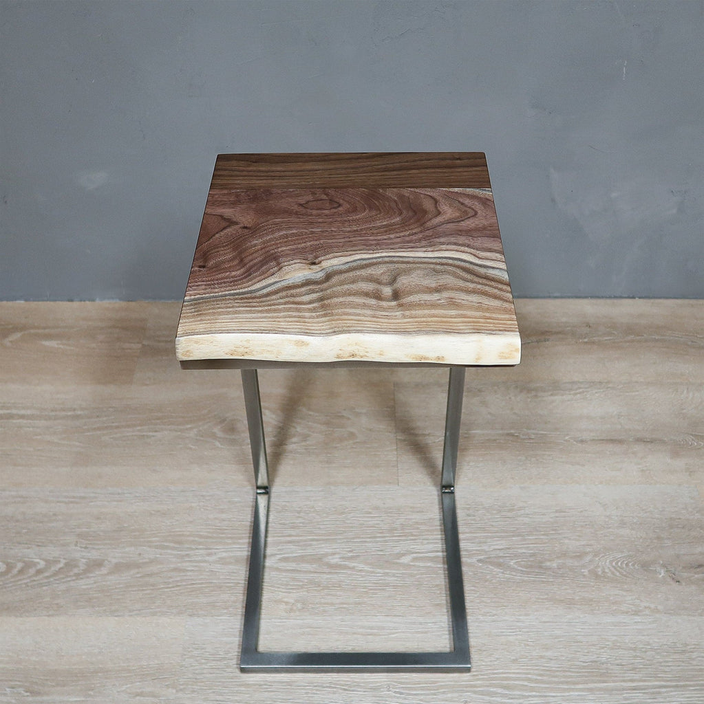 Design Live Edge Walnut Wood Side Table C Shape With Metal Grey Base