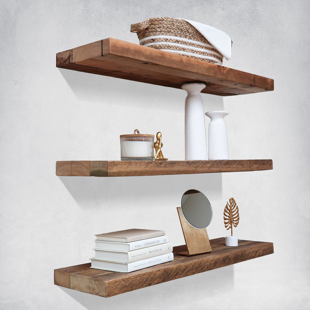 Reclaimed Wood Floating Shelves in Living Room near Sofa