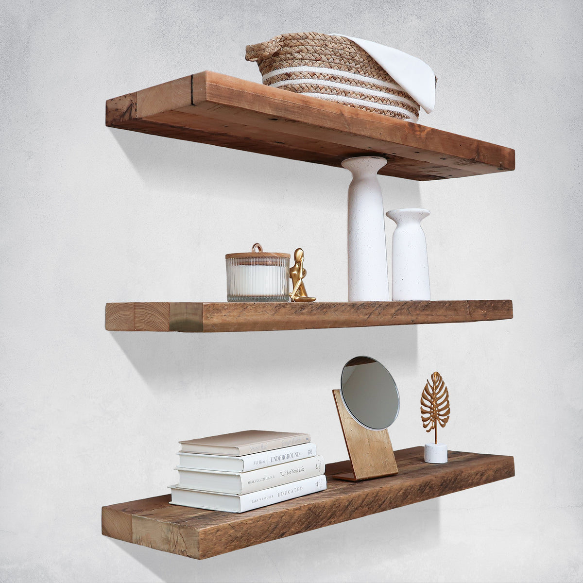 Reclaimed Wood Floating Shelves in Living Room near Sofa