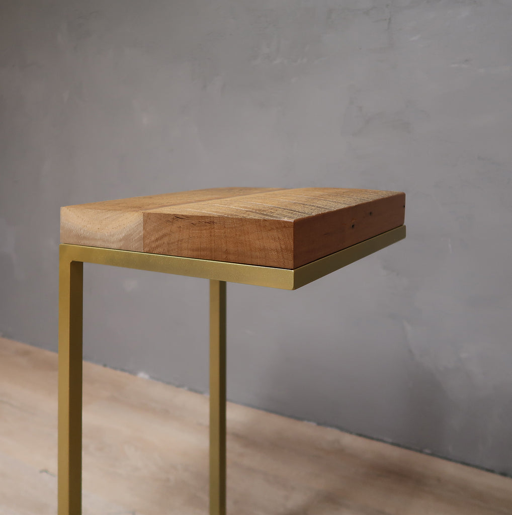 Reclaimed Wood Side Table C-Shape with Gold Metal Base