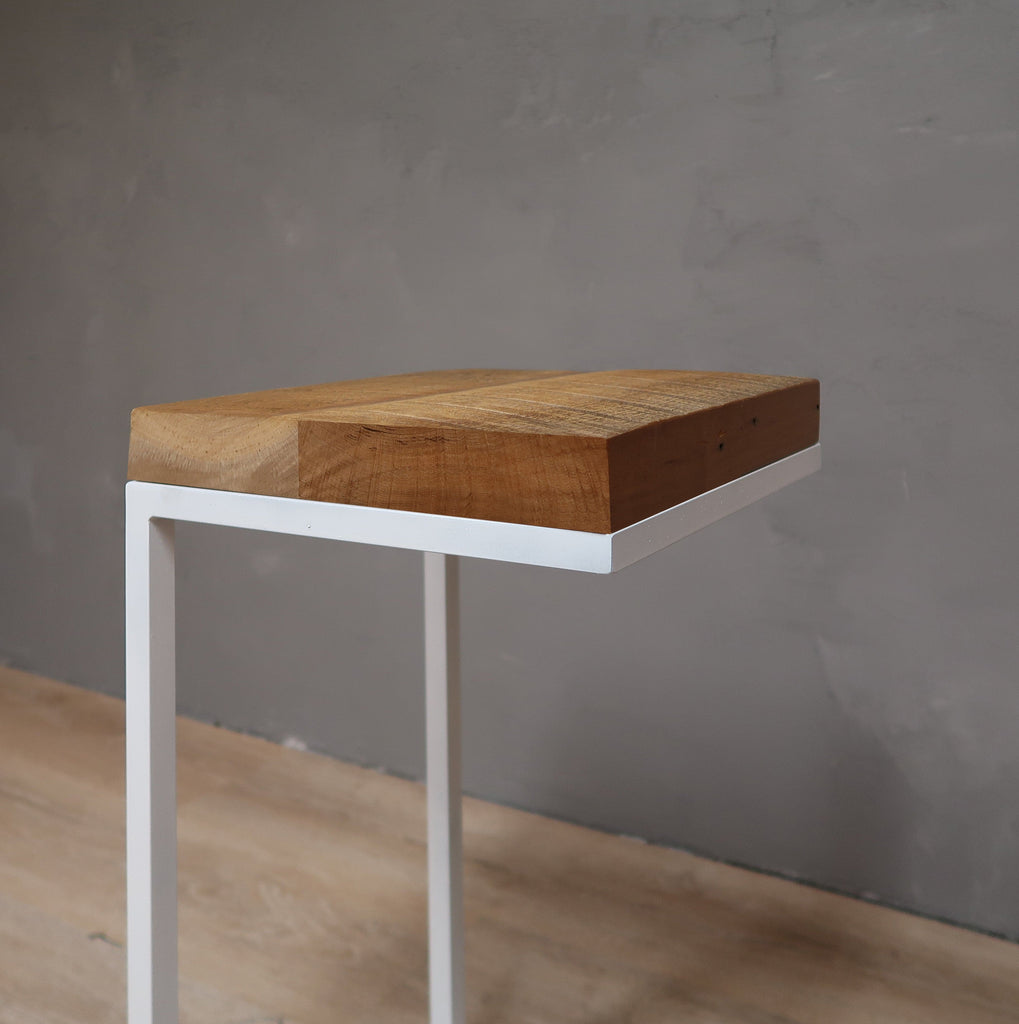 Reclaimed Wood Side Table C-Shape with White Metal Base